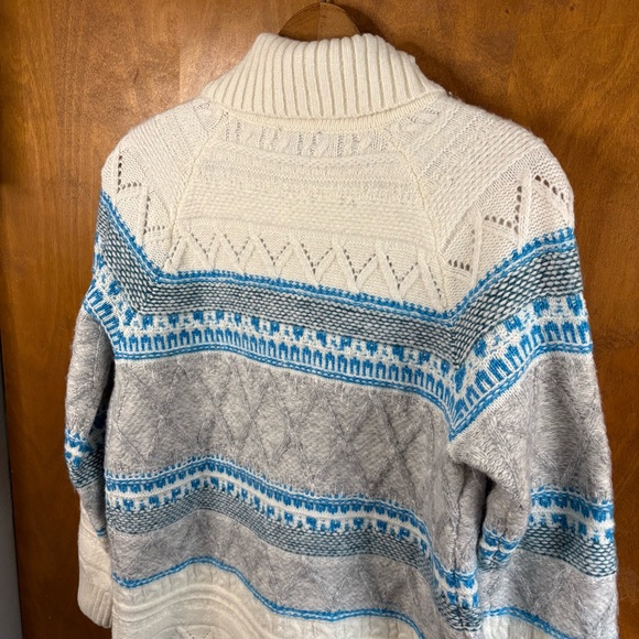 Talbots Ivory Blue Full Zip Fair Isle Cable Knit Cardigan Sweater Fisherman Soft - Picture 9 of 16